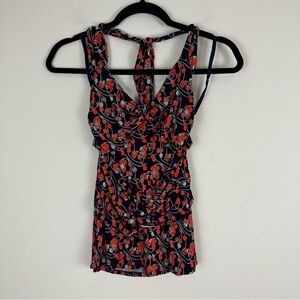 Ric Rac | Navy Cherry Print Tie Front Halter Neck Blouse Size XS